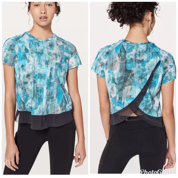 Lululemon Quick Pace Short Sleeve Sun Dazed Multi Blue Super Dark Size 10 - Picture 1 of 4